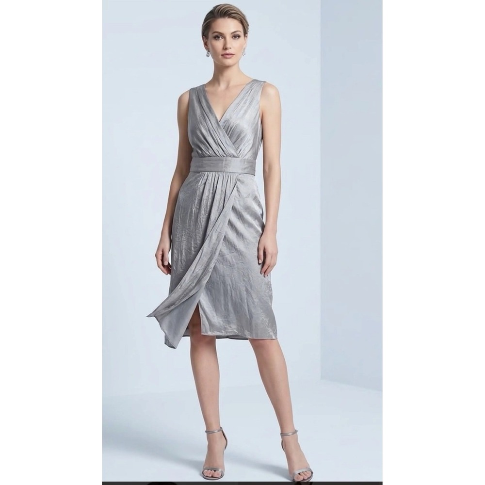 Dressbarn Collection Silver Metallic Faux Wrap Sheath Cocktail Dress Size 12 NWT